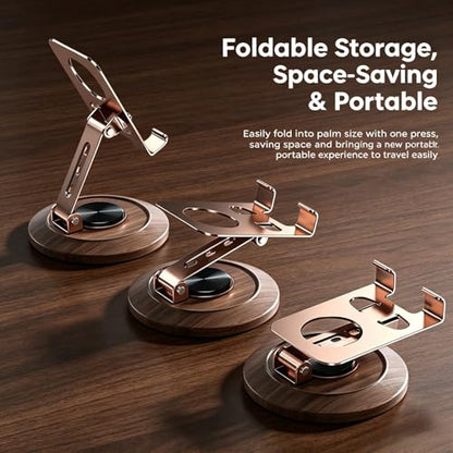 Adjustable Cell Phone Stand,360 Rotating Foldable Desktop | Cellphone Stand with Anti-Slip Base Portable Phone Holder for iPhone 17 16 15 14 13 Pro Max, All Smart Phones, iPad - color: Wood grain color