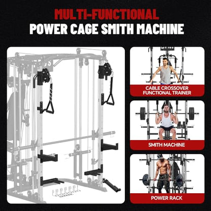 All in One Home Gym System Workout Station, Multi-Function Smithe Machine Power Cage with Cable Crossover System, Tripe-Sided Independent Load Posts, Functional Trainer for Full Body Training - color: Black, style: Home Gym Station with Weight Bench (9001