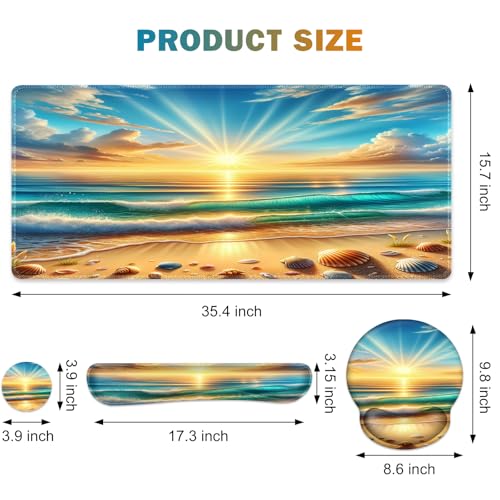 Gaming Mouse Pad, Large Desk Mat, Cute Desk Pad Protector, 4in1 XXL Mousepad + Keyboard Wrist Rest+Mouse Wrist Rest+Coaster Set with Ergonomic Desk Pad for Home Office Computer, Beach Sun Shell - color: Beach Sun Shell