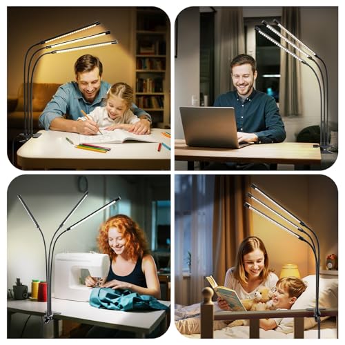 ShineTech LED Desk Lamp with Clamp, 3-Head Ultra-Wide Lighting, 4 Color Modes, Adjustable Gooseneck Task Lamp, Eye-Safe Dimming, Memory & Auto-Off Timer, Desk Light for Home Office, Study, Reading