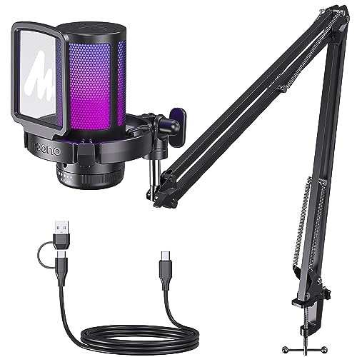 MAONO DGM20S Gaming Microphone for PC with Clear Voice & Noise Reduction | RGB Lighting, Tap-to-mute, Gain Control, Headphone Monitoring and Boom Arm for Discord Gaming, Streaming, Content Creation - color: Black