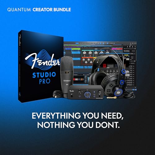 Fender Quantum Creator Bundle | Home Recording Kit with Quantum LT 2 USB-C Interface, M7 Condenser Microphone, HD7 Headphones, XLR Cable, Mic Stand, Fender Studio Pro, Beginner Studio Bundle | Includes Quantum Lt 2 USB-C Interface, M7 Condenser Mic, HD7 H