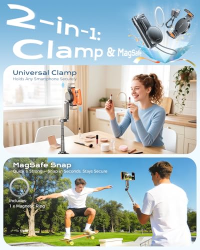 【Extends Up to Max 17"】 Magnetic Phone Tripod & Selfie Stick Tripod for iPhone Android, 4.5" Pocket Travel Stand with Wireless Remote, Detachable Clamp, 360° Rotatable for MagSafe, 4-in-1 Mini Tripod