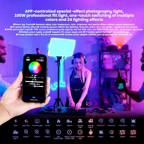 100W RGB LED Video Light with Softbox, 7950LM, 2500K-9900K | 100W RGB LED video light, 7950LM, 2500K-9900K, with softbox