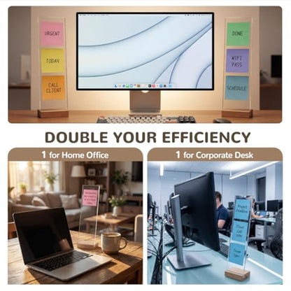 2-Pack Monitor Memo Board & Sticky Note Holder, Freestanding Acrylic Computer Desk Accessories with Wood Base, Zero Adhesive Screen Note Board for Office Organization Decor