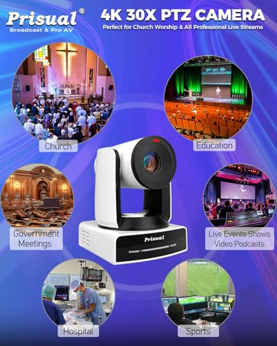Prisual Ultra 4K PRO NDI PTZ Camera Gen 5, 30x Optical Zoom, 1/1.8" UHD CMOS 8.42MP, 4K 60P AI Tracking, HDMI SDI USB3.0&2.0 for Church, Freed Support(Official NDI 6 & NDI HX3 Certified)TEM-4K30N PRO - color: White