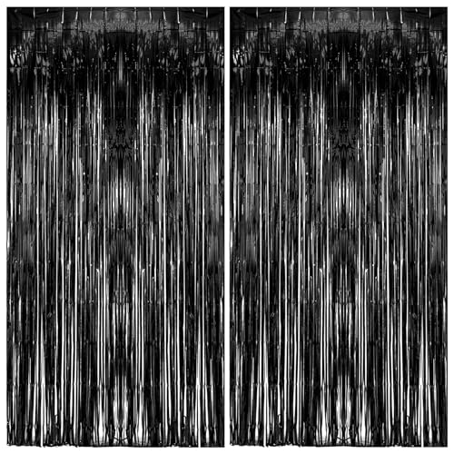 2 Pack Foil Curtain Backdrop Black Metallic Tinsel Foil Fringe Curtains Photo Booth Props for Birthday Wedding Engagement Baby Shower Bachelorette Christmas Holiday Celebration Party Decorations - color: Black, size: 2 Pcs