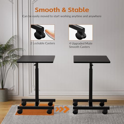 CROWNFURN Mobile Small Standing Rolling Desk Adjustable Height, Portable Laptop Desk on Wheels, Workstation for Home Office with Hook,Black - color: Black