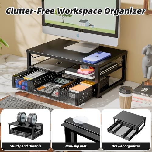 Simple Trending Desk Organizer and Accessories, 2-Tier Computer Monitor Stand Riser with Drawer, Office Desk Accessories & Workspace, Laptop & Printer Stand for Desktop, Black - size: 16.34"W x 10.35"D x 3.5"H