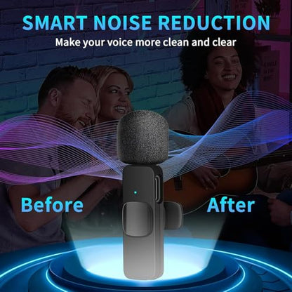 3 in 1 Wireless Lavalier Microphone for iPhone, Android, Camera, 12Hour Battery, Noise Reduction Recording Mic 2.4G Ultra-Low Delay, Mini Microphone for Vlog/TikTok/YouTube Live Stream(2 Mic)