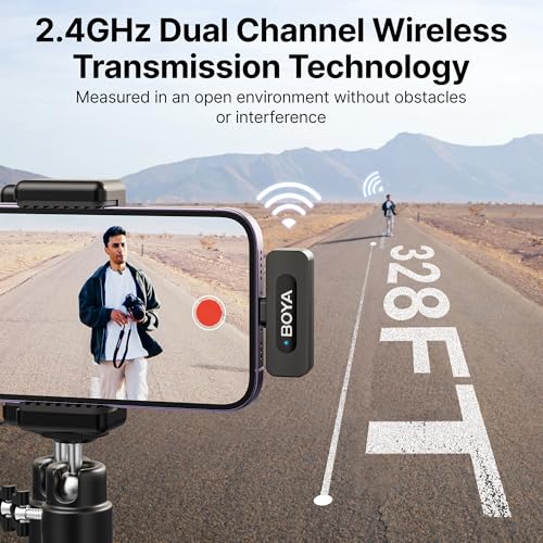 BOYA BY-V2 Wireless Microphones for iPhone iPad with MFi Certified Lightning Port, 328ft Range, 9H Battery Life, Noise Reduction Mini Mic Clip on Lapel Microphone Wireless for Video Recroding - size: 2TX+Lightning RX