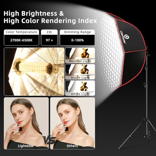 Light Box Photography Lighting Kit:37" Octa Softbox,Honeycomb Grid,110W LED Lamps,RC,Tripod Stands for Studio Light,Video Recording,Portraits,Model/Food/Pet/Baby/Product Shoots & Live Streaming - size: 1-Pack