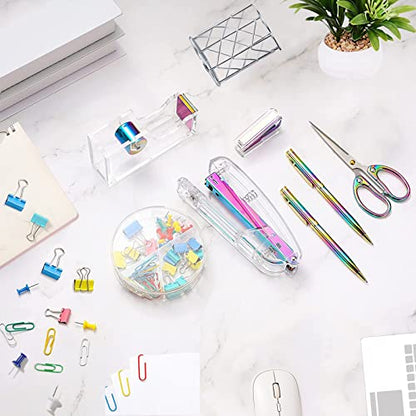 Famassi Dream Color Acrylic Stapler and Tape Dispenser Set, Office Supplies with Tape Dispenser, Stapler Remover, 2 Ballpoint Pen, Scissor, Binder Clips, Paper Clips and 1000pcs Staples - color: Multicolor