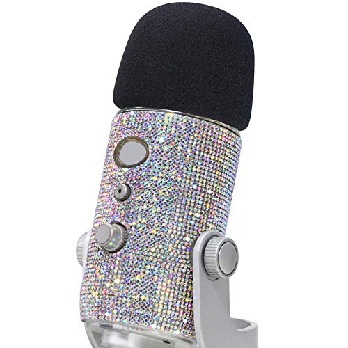 Blue Yeti Pop Filter - Cute Glitter Sticker, Bling Diamond Shiny Skin with Mic Foam Winscreen Compatible with Blue Yeti Microphones by YOUSHARES (Silver) - color: Mic Foam with Shiny Skin-Silver