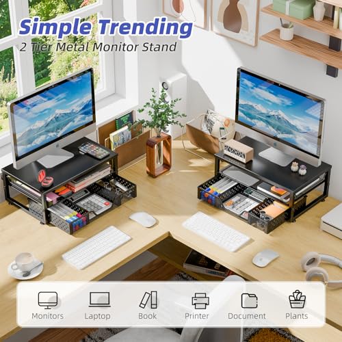 Simple Trending Desk Organizer and Accessories, 2-Tier Computer Monitor Stand Riser with Drawer, Office Desk Accessories & Workspace, Laptop & Printer Stand for Desktop, Black - size: 16.34"W x 10.35"D x 3.5"H