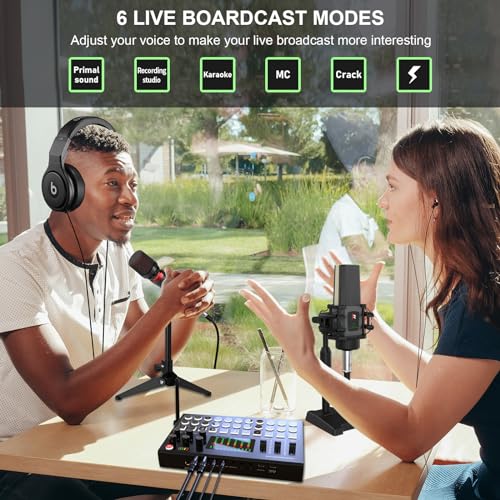 RHM M9 Podcast Equipment Bundle, All-in-One Starter Kit with Condenser Microphone & Tripod, Support Guitar or Bass Connection, 8H Battery, Portable Sound Mixer for TikTok, YouTube, PC, Smartphone