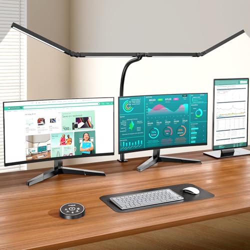 Pzloz Led Desk Lamps for Home Office - Eye Caring Architect Lamp with Clamp, Double Head Computer Monitor Work Desk Light with Remote Control: 24W Flexible Dimmable Desktop Table Lamp - color: Black Plus
