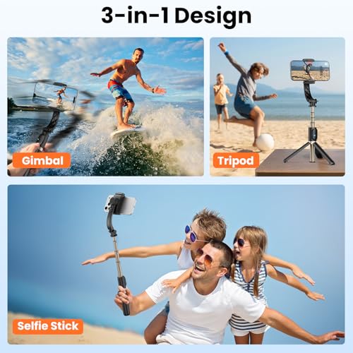 Gimbal Stabilizer for Smartphone, 1-Axis Auto Balance Handheld Gimbal, 360° Rotating Extendable Selfie Stick Tripod, Wireless Remote Control for iPhone Android Travel Vlogging TikTok YouTube