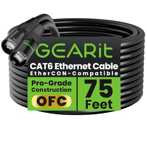 GEARit Shielded CAT6 Ethercon Cable (75 Feet) Professional Audio & Lighting RJ45 EtherCON-Compatible Cable for Studio, Stage, Concerts - 75ft Black - color: Black, size: 75 Feet