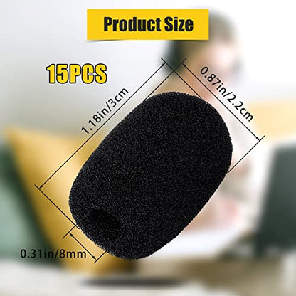 Luter 15pcs Mini Foam Microphone Windscreens, High Density Foam Mic Covers for Headset Protection for Lavalier Microphones (Black)