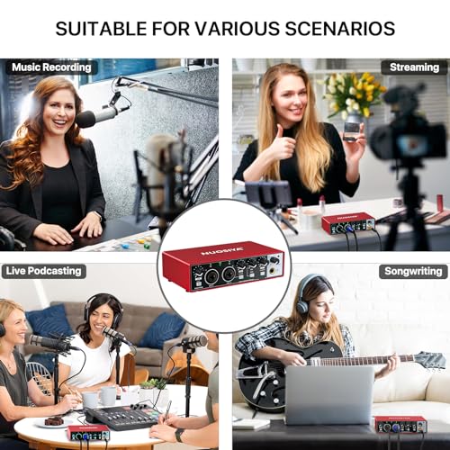 USB Audio Interface for PC Computer Recording Music, Red Guitar Audio Interface for Mac 24Bit/192kHz Podcasting Streaming for Vocalist Producer with 48V Phantom Power