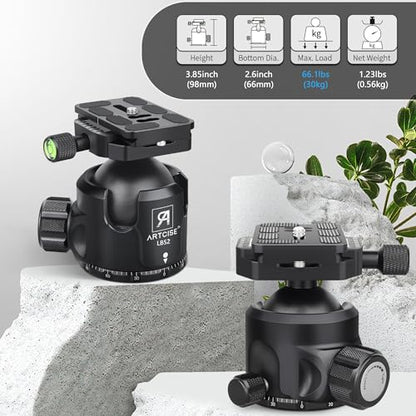 52mm Low Profile Ball Head Tripod Mount Ball Head ARTCISE All Metal CNC Machining with Two 1/4" Quick Release Plates for Tripod, Monopod, DSLR, Camcorder，Max Load 66lbs /30kg（All Black）