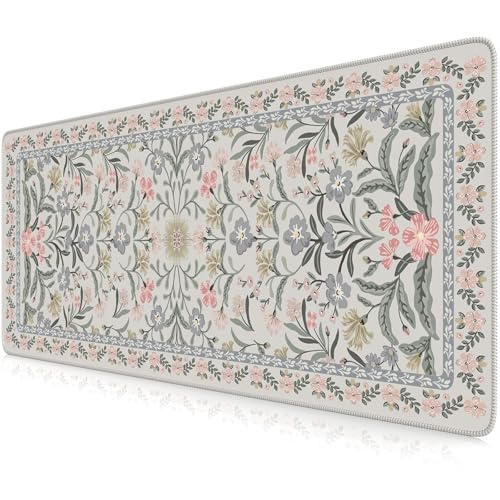 iCasso Aesthetic Floral Desk Mat, L Mouse Pads, Anti-Slip Mousepad with Stitched Edges, Waterproof Computer Pad 11.8"x31.5", Desk Accessories Office Decor for Women(Gray Floral) - color: Gray Floral, size: 31.5L x 11.8W inches