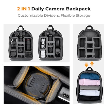 K&F CONCEPT Lightweight Camera Backpack Bag, Professional Photography Bag Compatible with Canon/Nikon/Sony Camera and Lens Accessories, Camera Case with Tripod Strap & Rain Cover - color: 01-Light Black