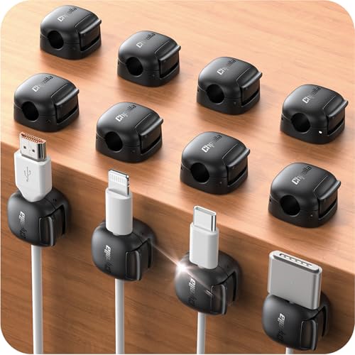12Pack Cord Organizer - Chfeila [Dual Spring & Clasp Lock] Cable Management Clips, Adhesive Phone Charger Keeper, Compact Wire Holder for Nightstand/Car, Home Office Desk Accessories Decor Essentials - color: Black-12Pack