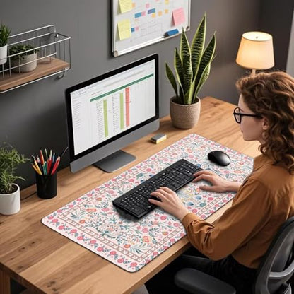 Pink Floral Desk Mat 31.5"x15.7" | Extra Large Mouse Pad, Non-Slip Rubber Base, Waterproof Desk Blotter, Stitched Edges, Smooth Computer Mat Office - color: Pink Floral