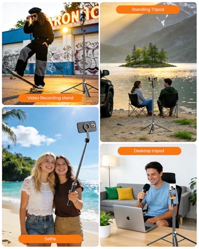 Magnetic Selfie Stick Tripod 72 Inch for iPhone MagSafe, Extendable Phone Tripod Stand with Bluetooth Remote, 360° Rotation Aluminum Selfie Stick for Travel, Vlog, TikTok - color: Black
