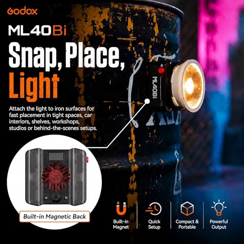 Godox ML40Bi Bi-Color LED Video Light, Portable COB Photography Light with Built-in Battery, 2800K-6500K, 28,000 Lux with ML-L10 Reflector, CRI/TLCI 96, 11 FX Effects, USB-C Charging, App/NFC Control
