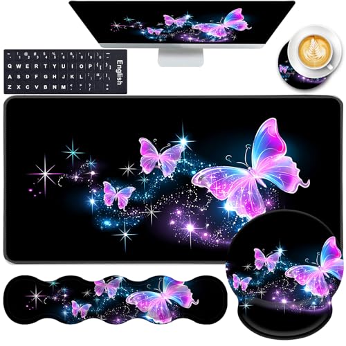 Mouse Pad,Large Pink Desk Mat, 4in1 XXL Mousepad + Keyboard Wrist Rest+Mouse Wrist Rest+Coaster Set with Ergonomic Desk Pad for Home Office Table Computer-Glowing Night Pink Butterflies - color: Glowing Night Pink Butterflies, size: 4 Pcs-XXL