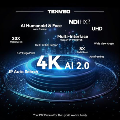 Tenveo 4K NDI 6 & NDI HX3 PTZ Camera, AI Humanoid & Face Auto-Tracking, 20X Optical + 8X Digital Zoom, USB3.0/HDMI/LAN PoE IP Live Streaming for Church Worship Broadcast Events Video Conference OBS - color: Silver Grey