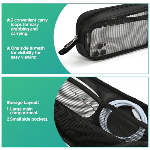 Breathable Mesh Nylon Travel Organizer - Portable Cable pouch & Tool Case for Laptop Charger, Mouse, Power Bank, USB Cords, Adapters, Small Tools. Compact & Lightweight. Black