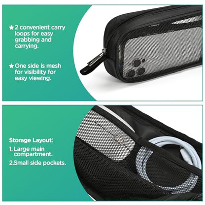 Breathable Mesh Nylon Travel Organizer - Portable Cable pouch & Tool Case for Laptop Charger, Mouse, Power Bank, USB Cords, Adapters, Small Tools. Compact & Lightweight. Black