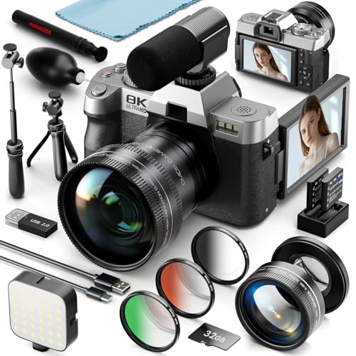 8K Digital Cameras for Photography, 64MP Vlogging Camera with 180°Flip Screen，2 Batteries, 32GB TF Card，16X Zoom, WiFi, 3 Color Filters,Microphone, Tripod, Wide & Macro Lens Kit (Silver) - color: Silver