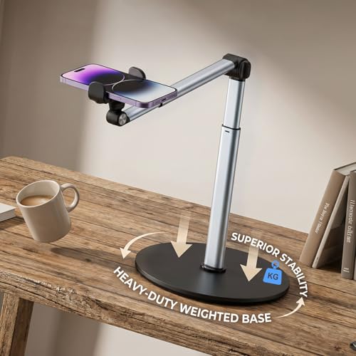 Overhead Phone Mount with Rechargeable & Gooseneck Light for Cooking Videos, Adjustable Desk Stand for Content Creators, Tripod for Hands-Free Video Recording, Compatible with Smart Phones