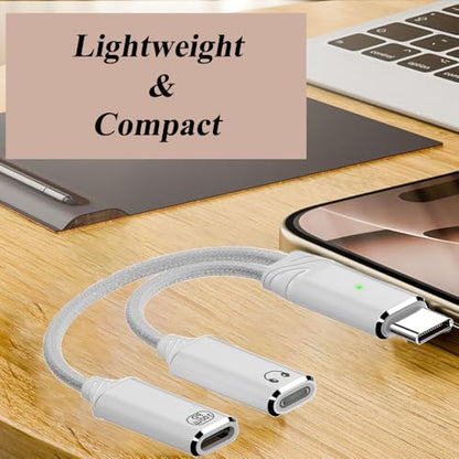 2-in-1 USB C to C Cable, PD 100W Charging & Audio Headphone Adapter with Microphone, Support USB 2.0(480Mbps) Data Transmission, Compatible with Phone, Laptop, Desktop and More