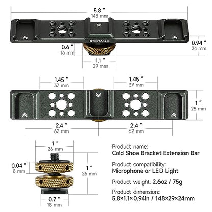 MINIFOCUS Triple Cold Shoe Extension Bar Mount, Aluminum Alloy Hot Shoe Mount Bracket with 1/4" Thread Holes for DSLR Camera Microphone Tripod LED Video Light Flashlight