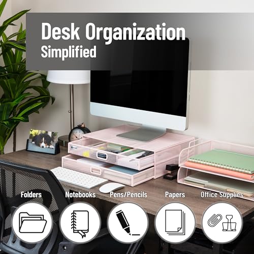 Mind Reader Mesh Monitor Stand, Pink | Storage Drawer, Ventilated Laptop Riser, Desktop Organizer, Metal Mesh