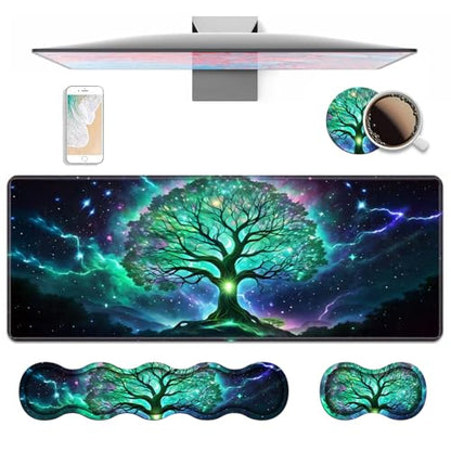 4 in 1 Ergonomic Keyboard Wrist Rest & Mouse Pad Wrist Rest Set, Large XXL Gaming Desk Mat 31.5"x 11.8" with Non-Slip Base, Memory Foam for Home Office Study Gaming, Tree of Life - color: Tree of Life