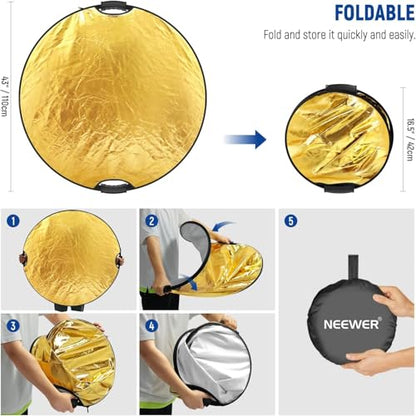 NEEWER 43"/110cm Light Reflector with Clamp & Hand Grips, 5 In 1 Collapsible Multi Disc Photography Reflector Translucent/Silver/Gold/White/Black with 3/8" Thread for Studio Outdoor Lighting, RF-110II - style: 110cm w/Clamp