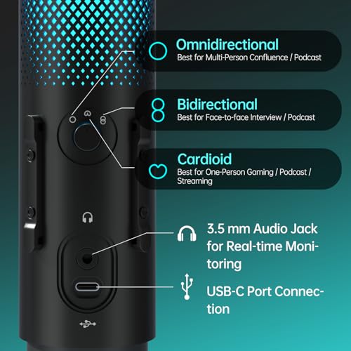 JARO USB Multi-Polar Pattern Condenser Microphone with Mute Noise Cancelation RGB for Podcasting Gaming Streaming YouTube Zoom AMSR Singing Recording [Compatible with PC Laptop Mac PS4/5], J101-CS