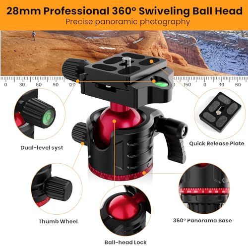 MACTREM 67" Travel Tripod - 360° Ball Head for Cameras | Aluminum alloy, 67" height, 360° ball head, lightweight, for DSLR/mirrorless, smartphone, iPad, binoculars - size: 68 inch