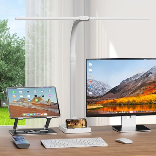 LED Desk Lamp with Base - Bright Dimmable Computer Lamp with Phone Holder, 24W Bendable Desk Light for Monitor Screen, Eye-Caring Tall Desktop Light for Task Home Office Work, White, Dual Head - style: Base Version - White