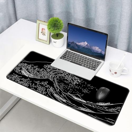 Gaming Mouse Pad Black Mouse Pad Japanese Kanagawa Large Mousepad Non-Slip Rubber Base with Stitched Edges for Gaming Office Home, 31.5x11.8 Inch - color: Sea Wave, size: 31.5L x 11.8W inches
