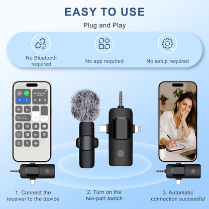 Labstandard 3-in-1 Wireless Lavalier Microphone for iPhone & Android - Studio Quality Sound with Noise Cancel, Plug & Play Mini Mic for Recording, Vlogging & Live Streaming