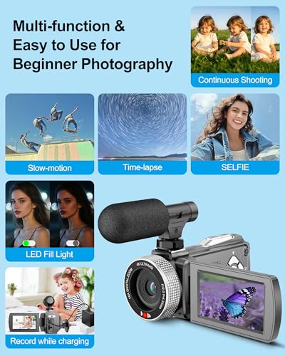 4K Video Camera Camcorder 48MP 60FPS UHD for YouTube Vlogging 18X Digital Zoom 3" IPS 270° Flip Screen Video Camcorder with Wireless Lavalier Microphone, 32GB SD Card, 2 Batteries and Remote Control