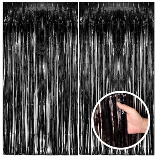 2 Pack Black Party Streamers Backdrop Tinsel Foil Fringe Curtains Halloween Party Decorations Birthday Wednesday Twilight Party Decorations Graduation Wizard Party Supplies - color: Black, size: 39.4"w X 78.7"l (Pack of 2)